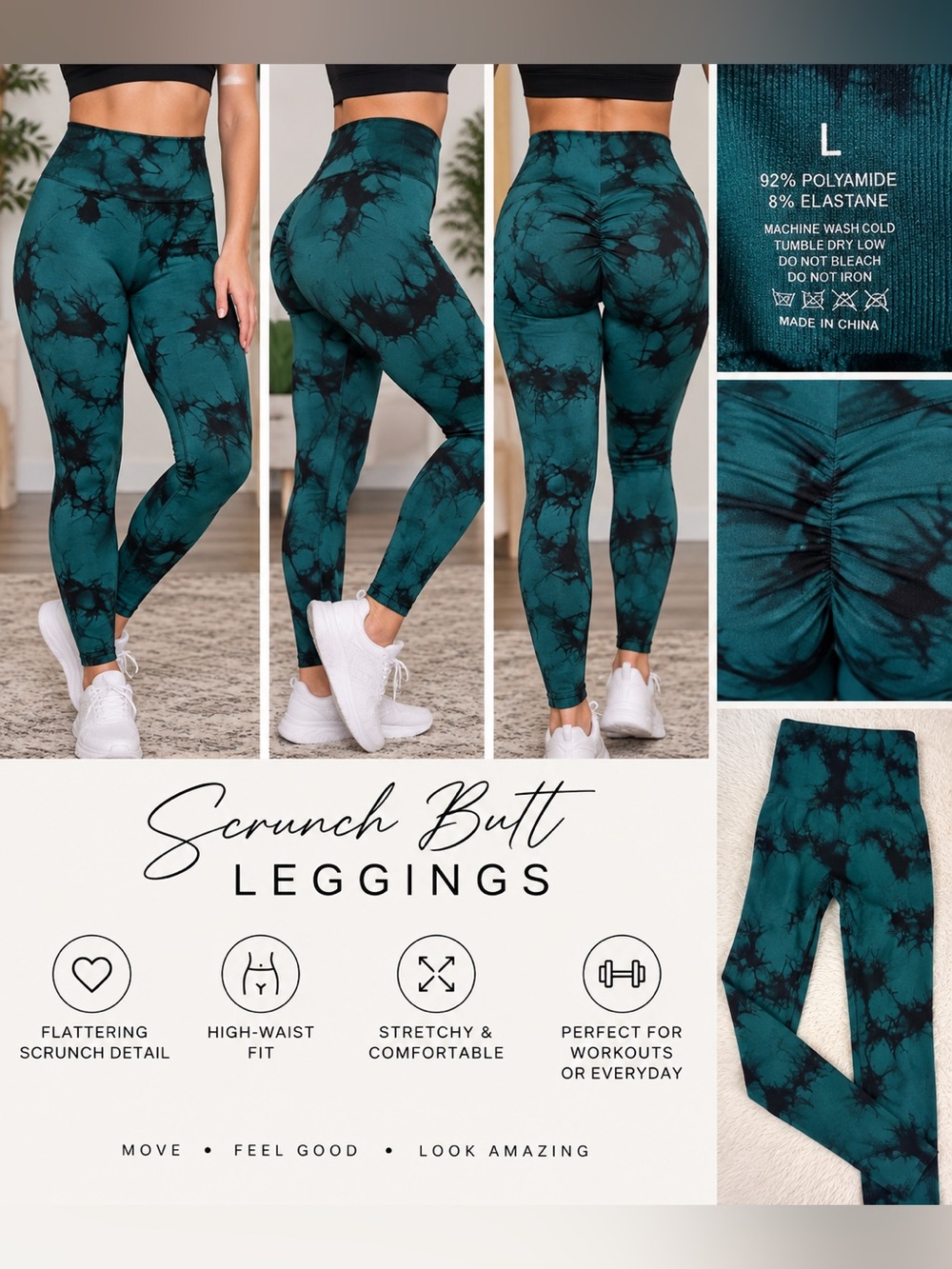 Teal Black Tie Dye Scrunch Butt High Waist Workout Leggings Large